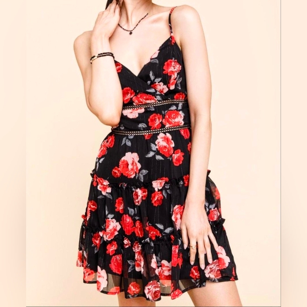 Francesca's Leslye Black Rose Ladder Trim Ruffle Mini Dress Small